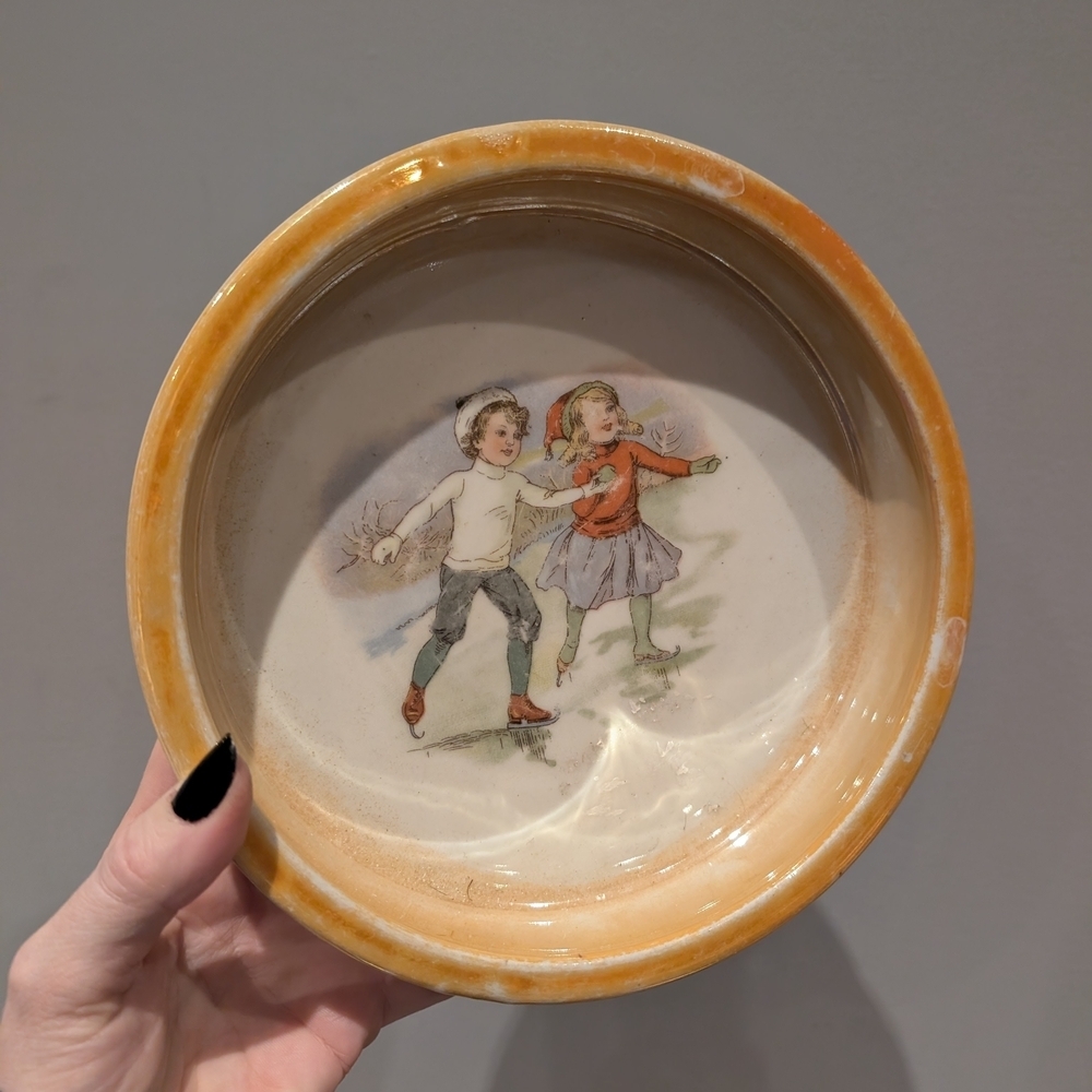 Vintage Ceramic Bowl with Skating Children